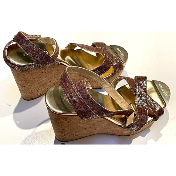 Jimmy Choo Papyrus Gold Copper Shimmer Leather Cork Wedge Sandals Ankle 38.5 - Picture 7 of 12
